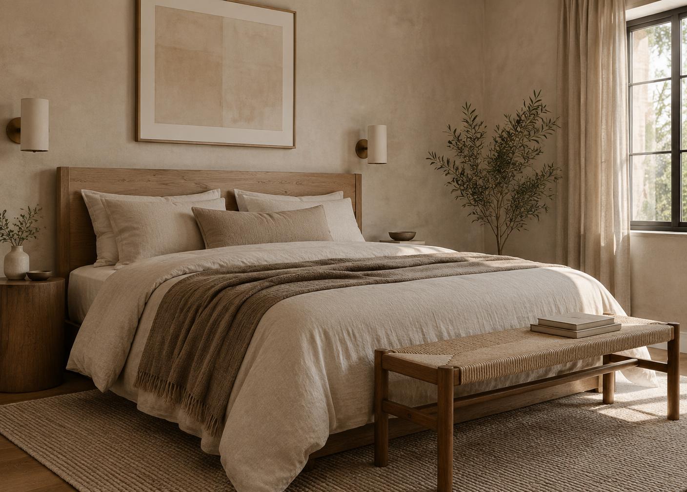 Calm bedroom in warm beige and oak with morning light