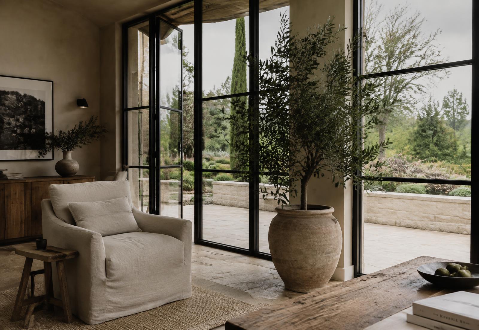 Garden room with steel framed glazing and stone floor