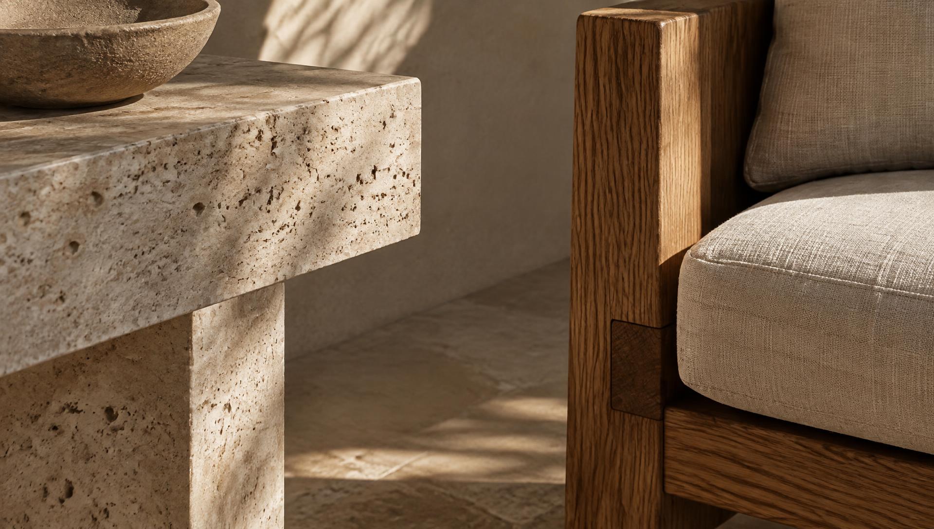 Travertine and oak detail in warm raking light