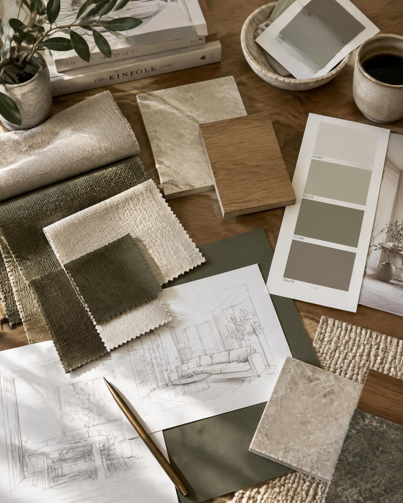 Fabric swatches, stone samples and colour cards on a studio table